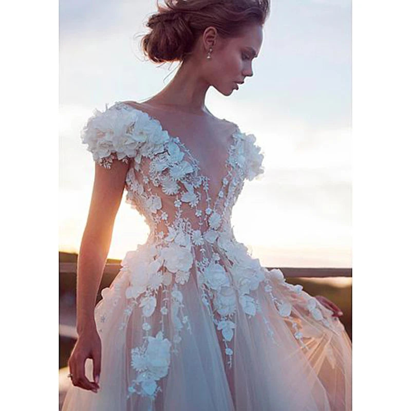 Champagne Boho Wedding Dresses Luxury Sexy Backless Princess Bridal Dress Lace Appliques 3D Flowers Beach Long Wedding Gown - My Store
