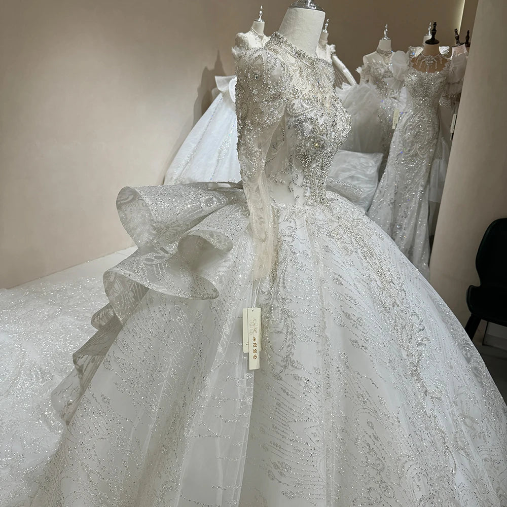 Crystal Bead Long Cathedral Train Wedding Dresses Gowns Luxury Bridal Ball Gowns Wedding Dress Dw0010 - My Store