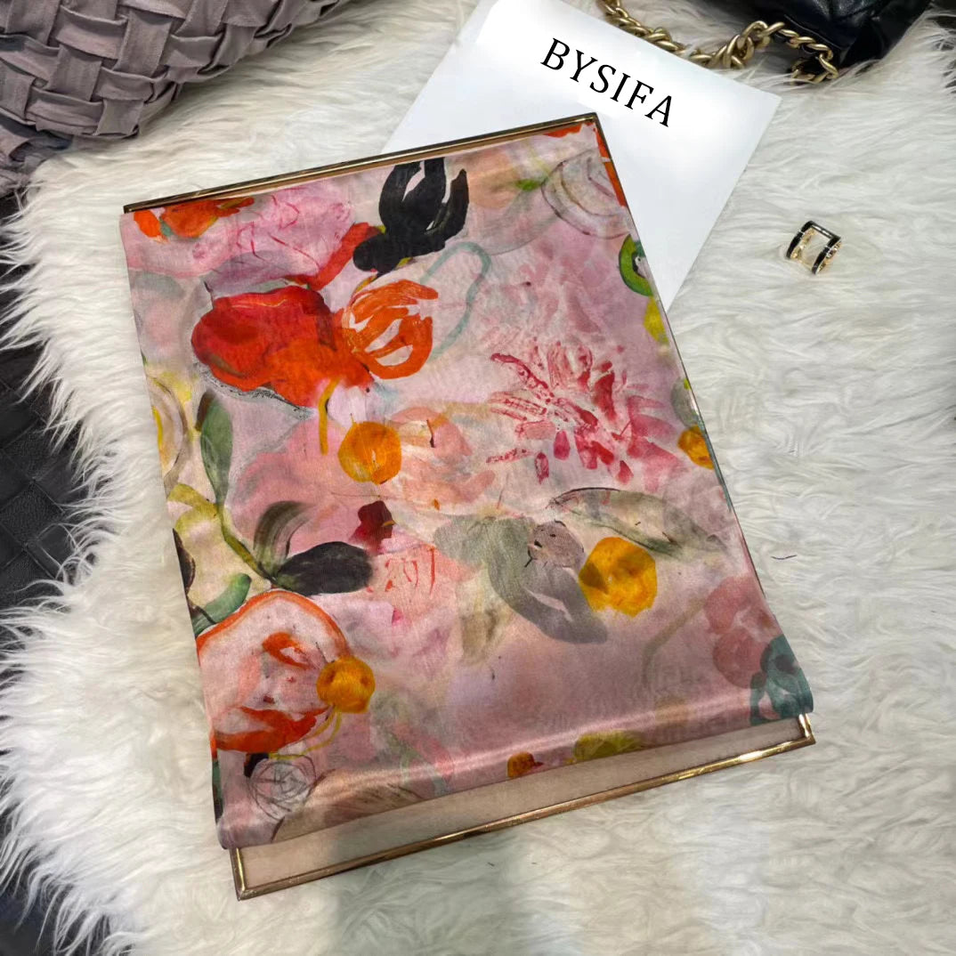 White100% Silk Scarf Women Scarves Bufandas Summer Beach Shawls Foulard Fall Winter Brand Flower Design Long Neck Scarves Hijabs