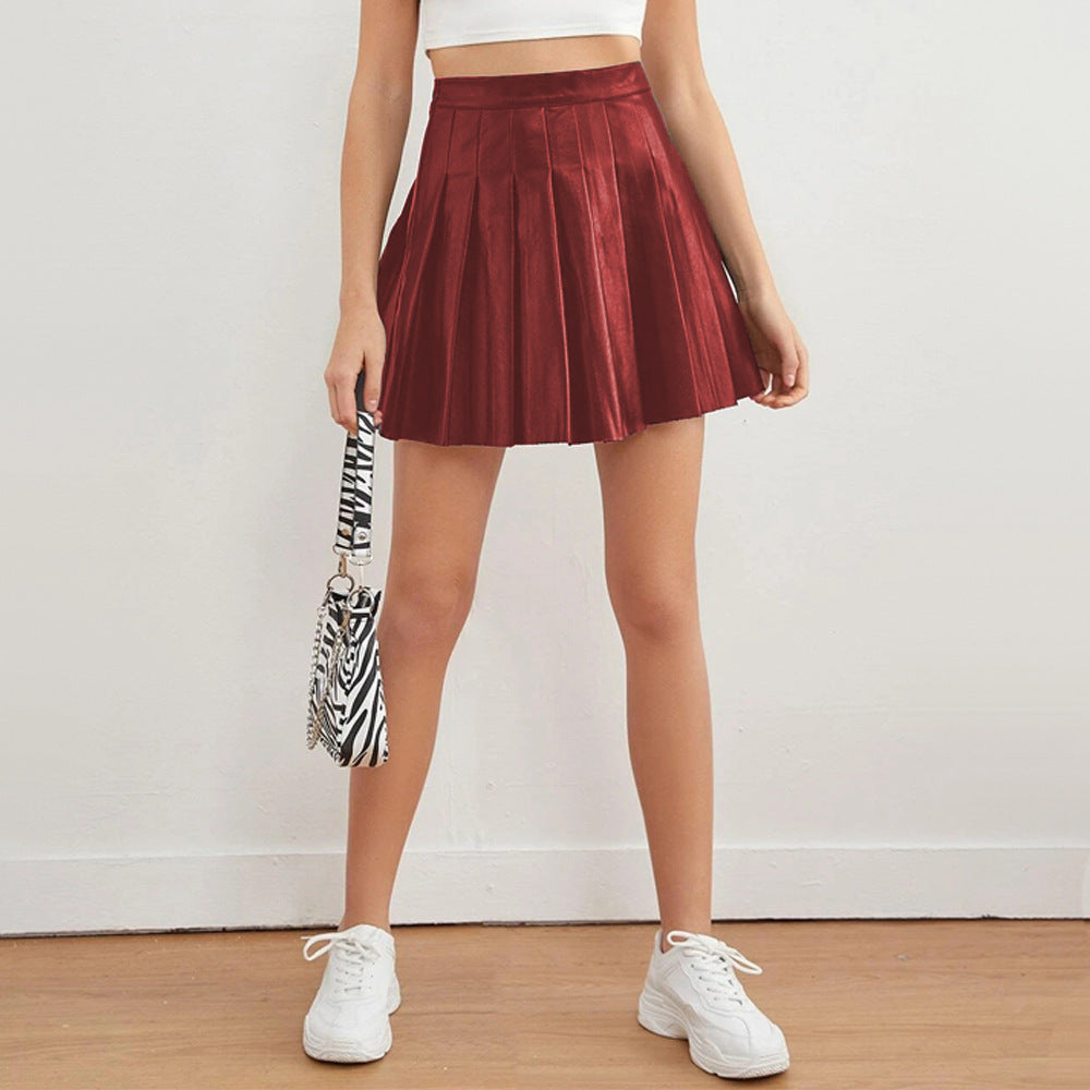Summer Sexy Short Skirt With Elegant High Waist PU Leather Pleated Skirt Womens Skirts
