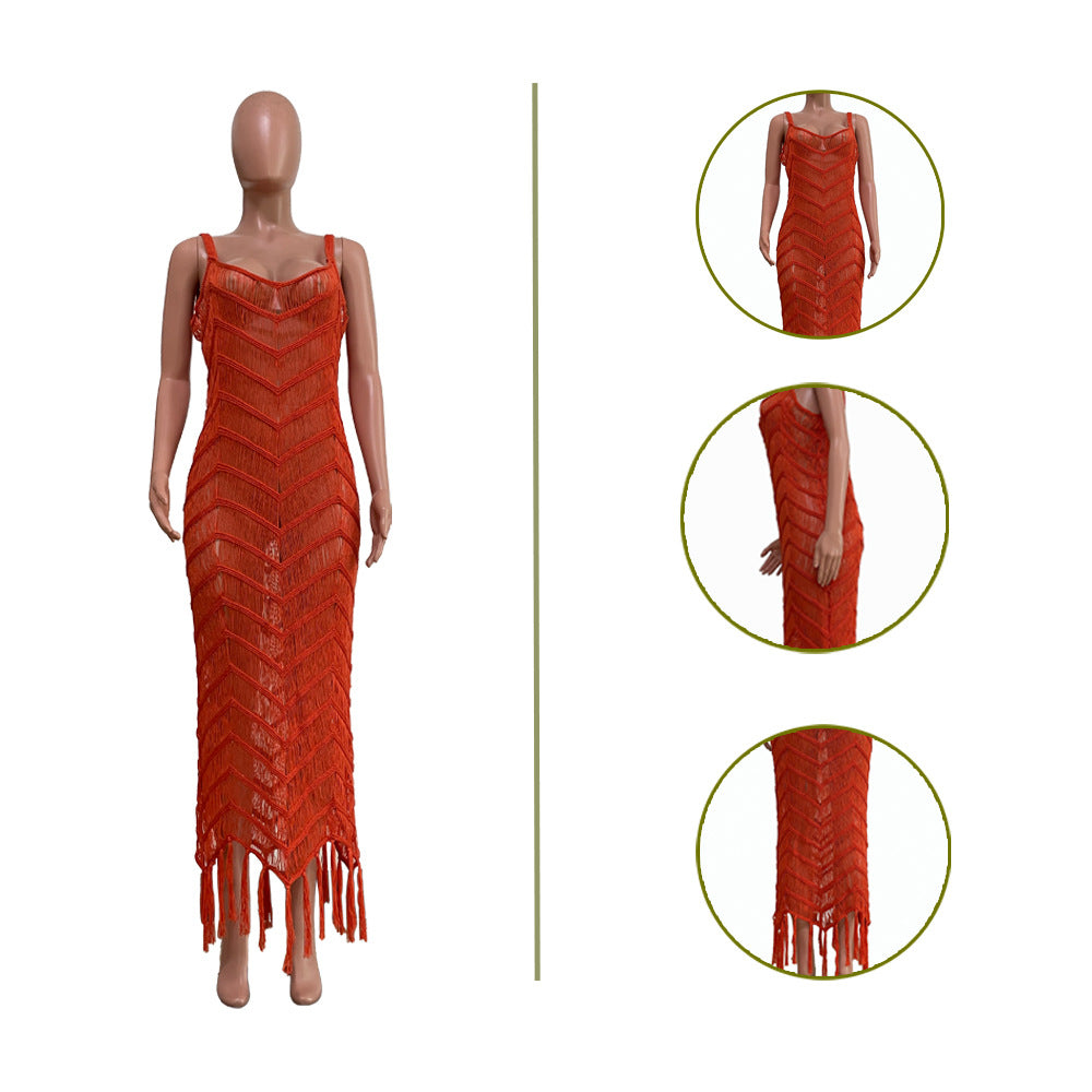 Summer Knitting Dresses Women Clothing Beach Long Tassel Dress Women Dresses