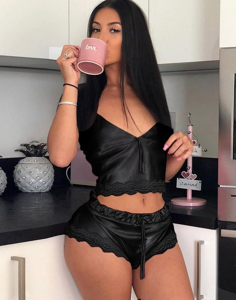 8039  Wholesale Women Two Piece Lingerie Sgirls Sleepwear Pajamas Girls Sleepwear v Neck Sexy Lingeries Cute Lingerie Set