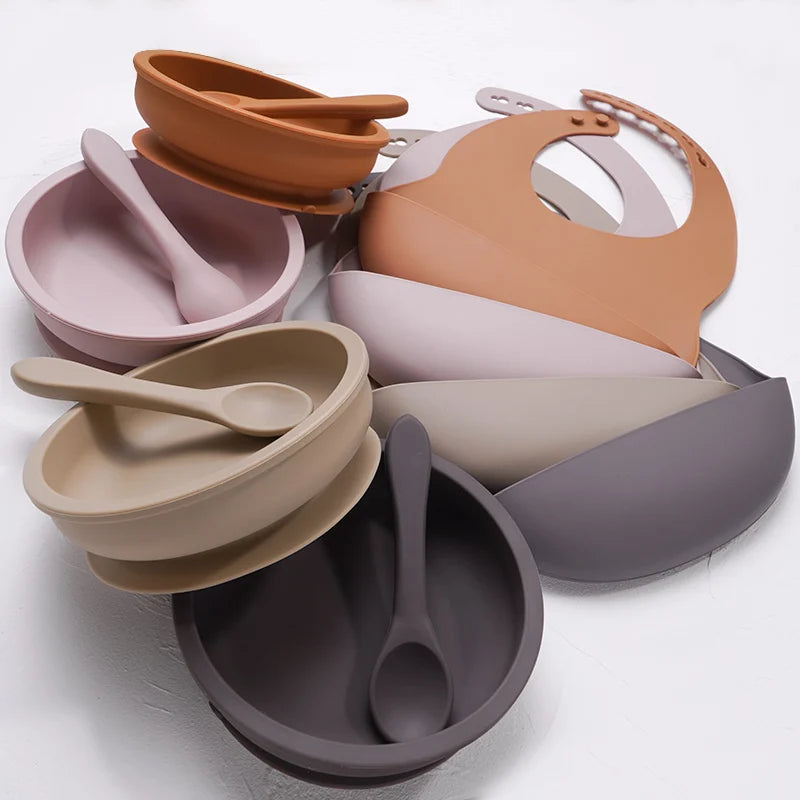 High Quality Silicone Baby Bibs Waterproof Silicone Round Bowl Easily Clean Healthy Soft Feeding Silicone Spoon for Babies