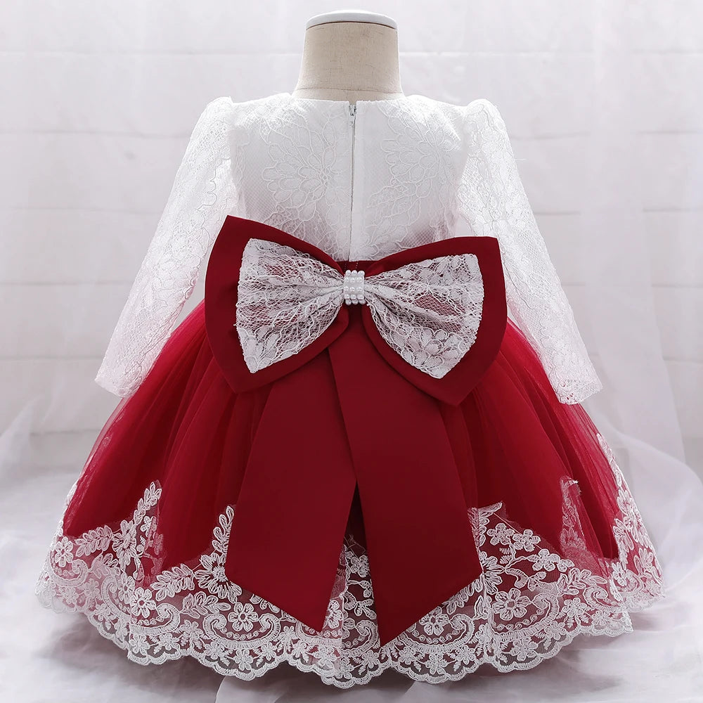 Baby Girl Dresses Party and Wedding Newborn Girl Long Sleeve Lace Dresses With Big Bow Infant Girl 1st Birthday Princess Dress - My Store