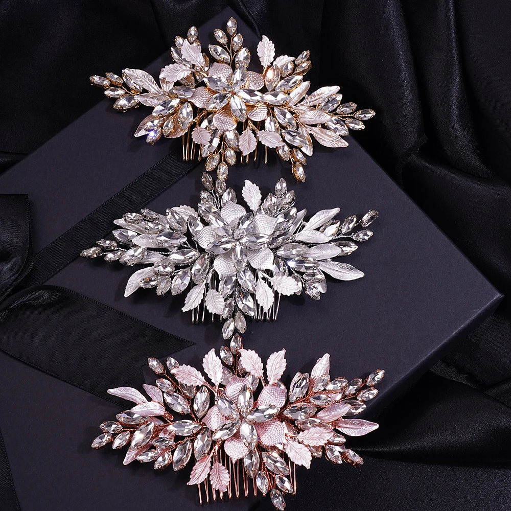 Luxury Gold Rhinestones Leaf Flower Hair Comb Bridal Pearl Hair Accessories for Women