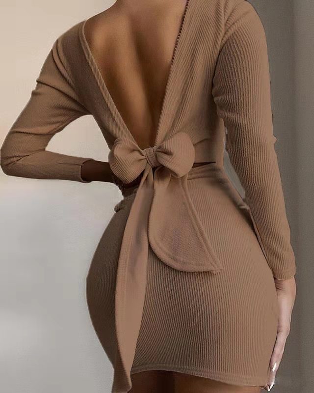 Fall Women Clothes Bow Knot Backless Long Sleeved Mini Dress Womens Dresses Casual Dresses