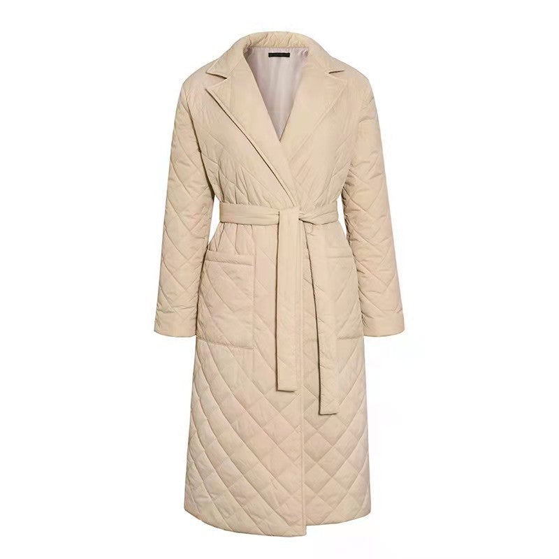 Windbreaker Long Women's Coats Long Straight Winter Coat With Rhombus Pattern Casual Belt Long Coat Women Puffer Jacket