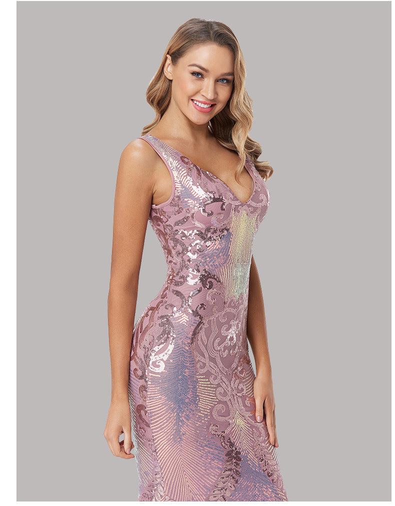 Womens Sleeveless Sequin Dress v NECK Mermaid Maxi Evening Dresses Bodycone Regular Fit Bridesmaid Dresses