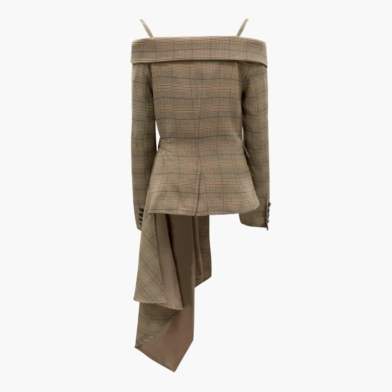 New Vintage Blazers Coat Women Plaid Asymmetrical Off Shoulder Fashion Coats
