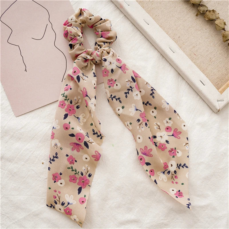 New Fashion Print Bow Scrunchies Hair Ribbon for Women Elastic Hair Band Girls Horsetail Hair Ties Hair Accessories