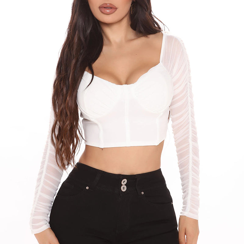 Fashion Crop Top Solid Color Women Blouse Lady Mesh Sleeve Top Long Sleeve Blouse Tops Sexy Blouses for Women