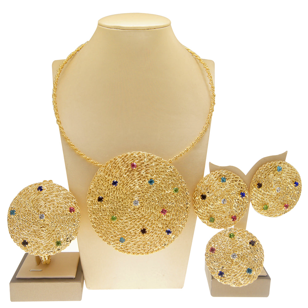 Zhuerrui Italian Gold Designs Jewellery Set African Necklace Bangles Jewelry Sets 24k Gold Copper Women Jewelry Set H20003
