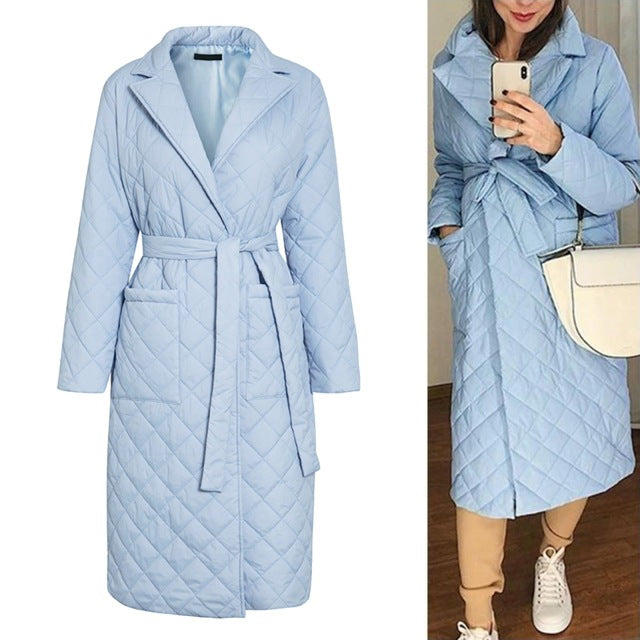 Windbreaker Long Women's Coats Long Straight Winter Coat With Rhombus Pattern Casual Belt Long Coat Women Puffer Jacket