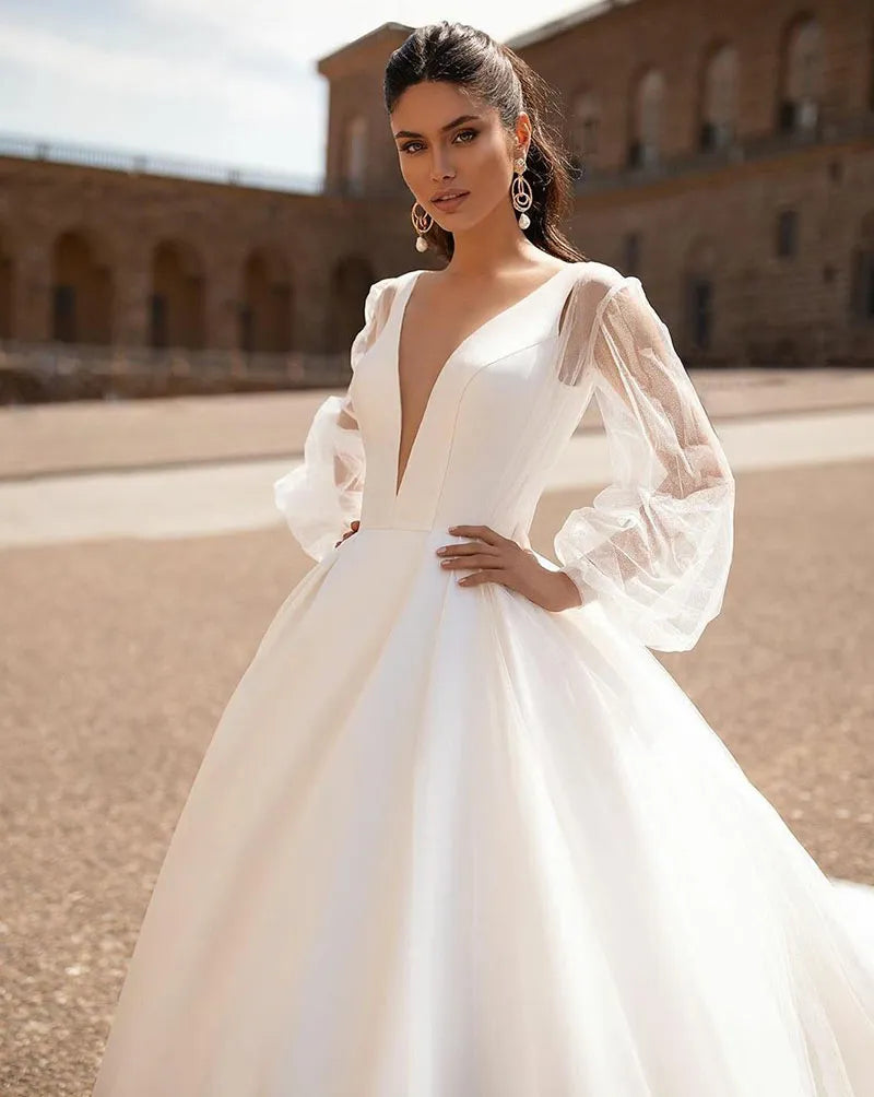Simple 2022 Wedding Dresses Sexy v Neck Removable Long Sleeves Vintage Satin Wedding Gowns Backless Beach Bridal Dress - My Store