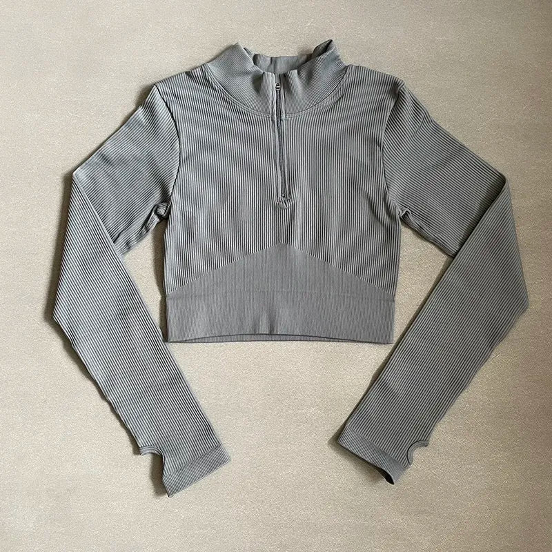 Women's Shirt Seamless Crop Top Fitness Shirts Long Sleeve Sports Top Woman Front Zipper Yoga Tops Activewear With Thumb Hole