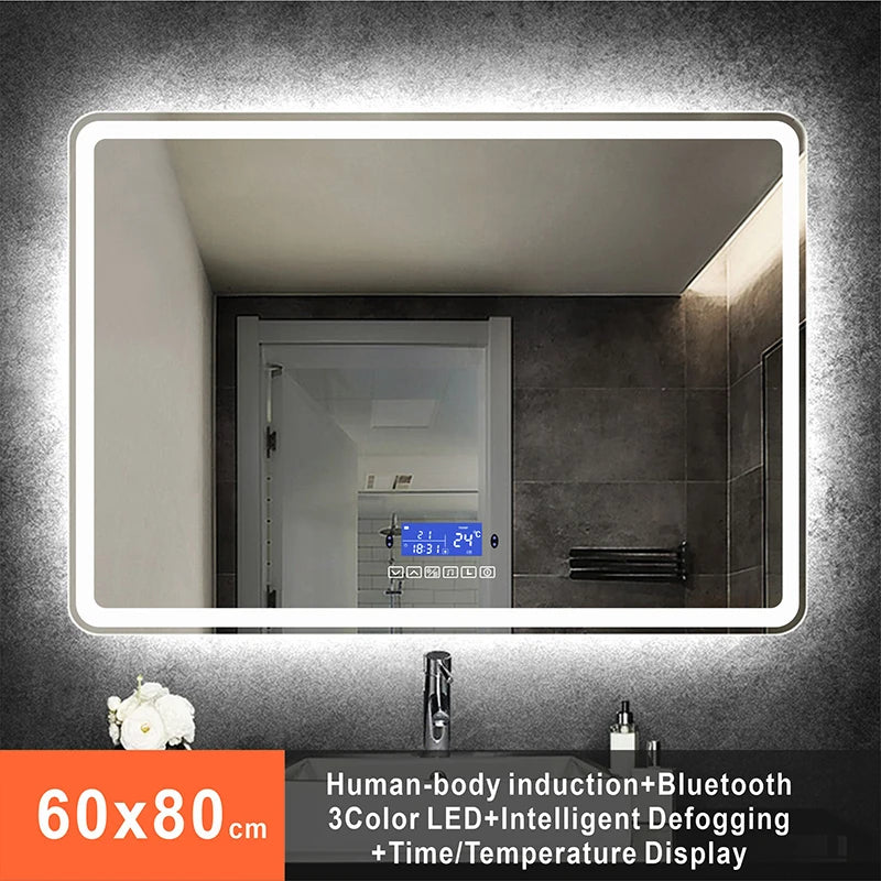 60x80cm Rectangle Bluetooth Smart Bathroom Makeup Mirror With LED Warm White Light Human Body Induction Anti-Fog Beauty Mirrors