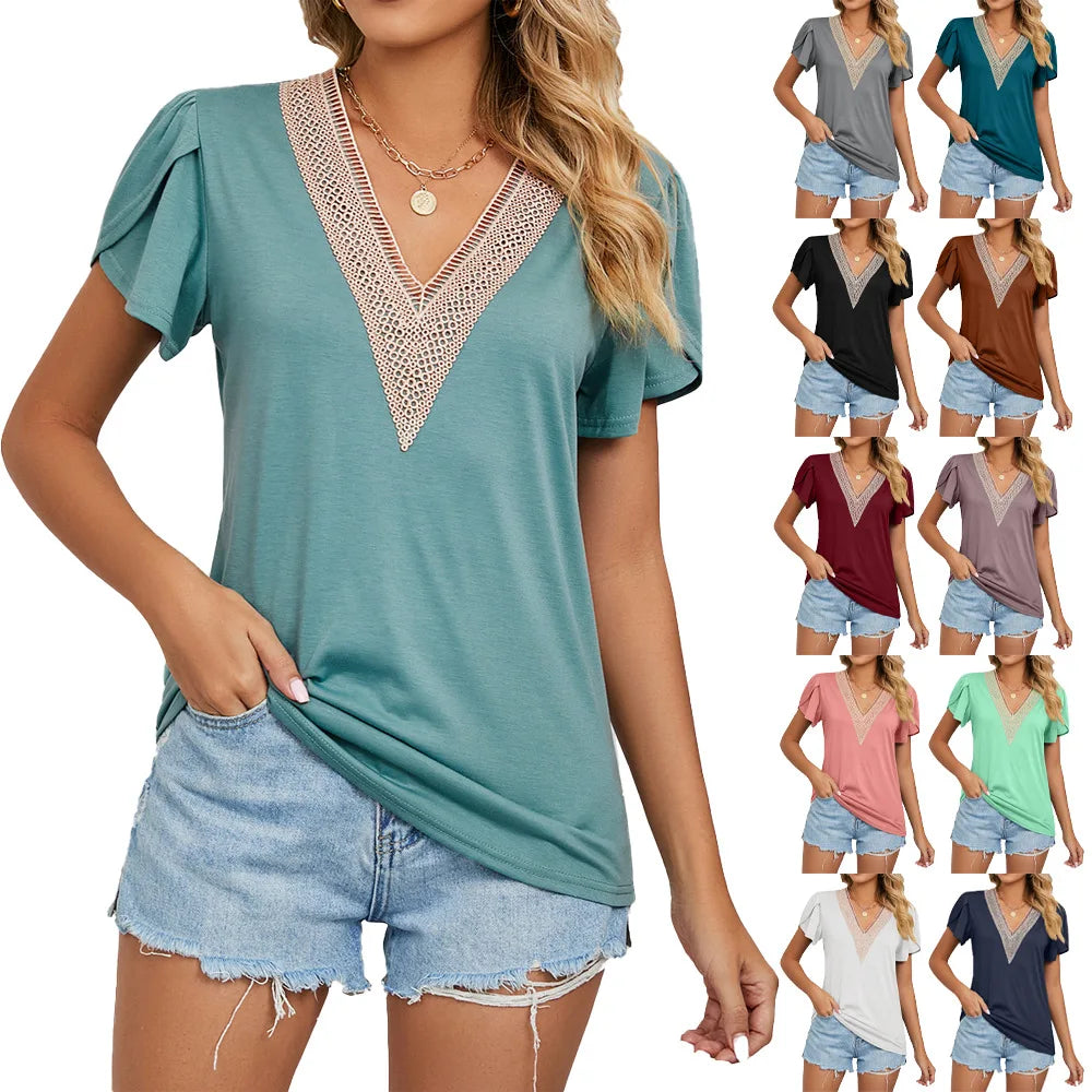 Summer Women's Blouses & Shirts V-Neck Fashion Sexy Blouse Ladies Loose Top Short-Sleeve Vacation T Shirt