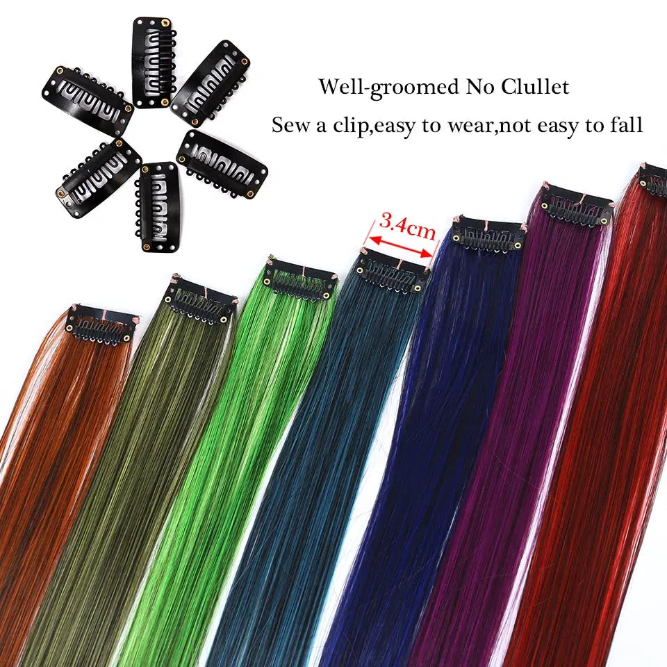 LUPU Synthetic Hair Extensions Long Straight Clip Ombre Grey Red Pink Colored Rainbow Highlight Strands of Hair on Hairpins