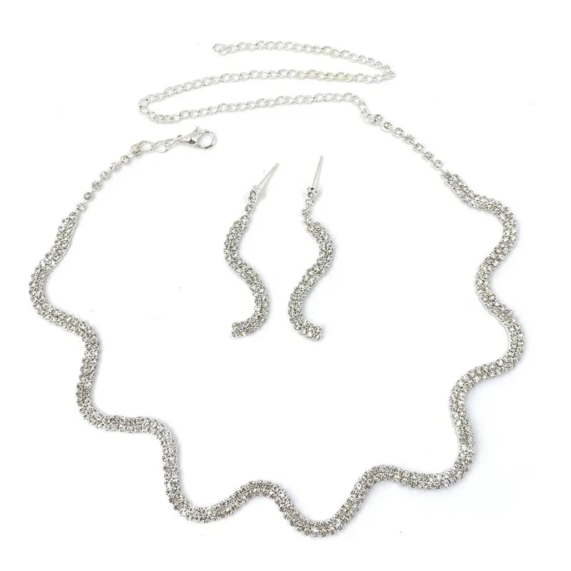 Sexy Wave Bridal Choker Jewelry Set Silver Plated Rhinestone Crystal Necklace Earrings Women Wedding Jewerlry Set