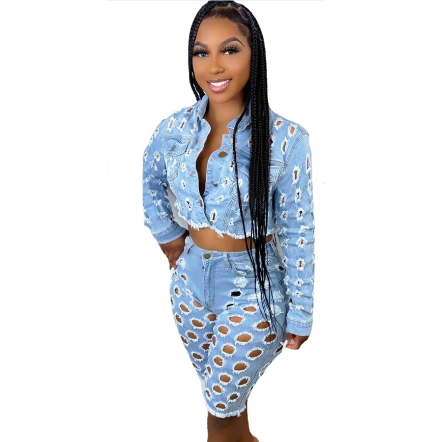 Fall  Women Denim Sets Jeans Jackets Ripped Jeans Women Shorts Sets Two Piece Outfits Denim Jean Sets for Women