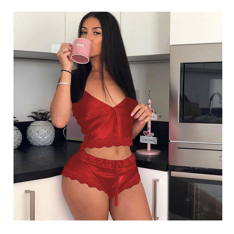 8039  Wholesale Women Two Piece Lingerie Sgirls Sleepwear Pajamas Girls Sleepwear v Neck Sexy Lingeries Cute Lingerie Set