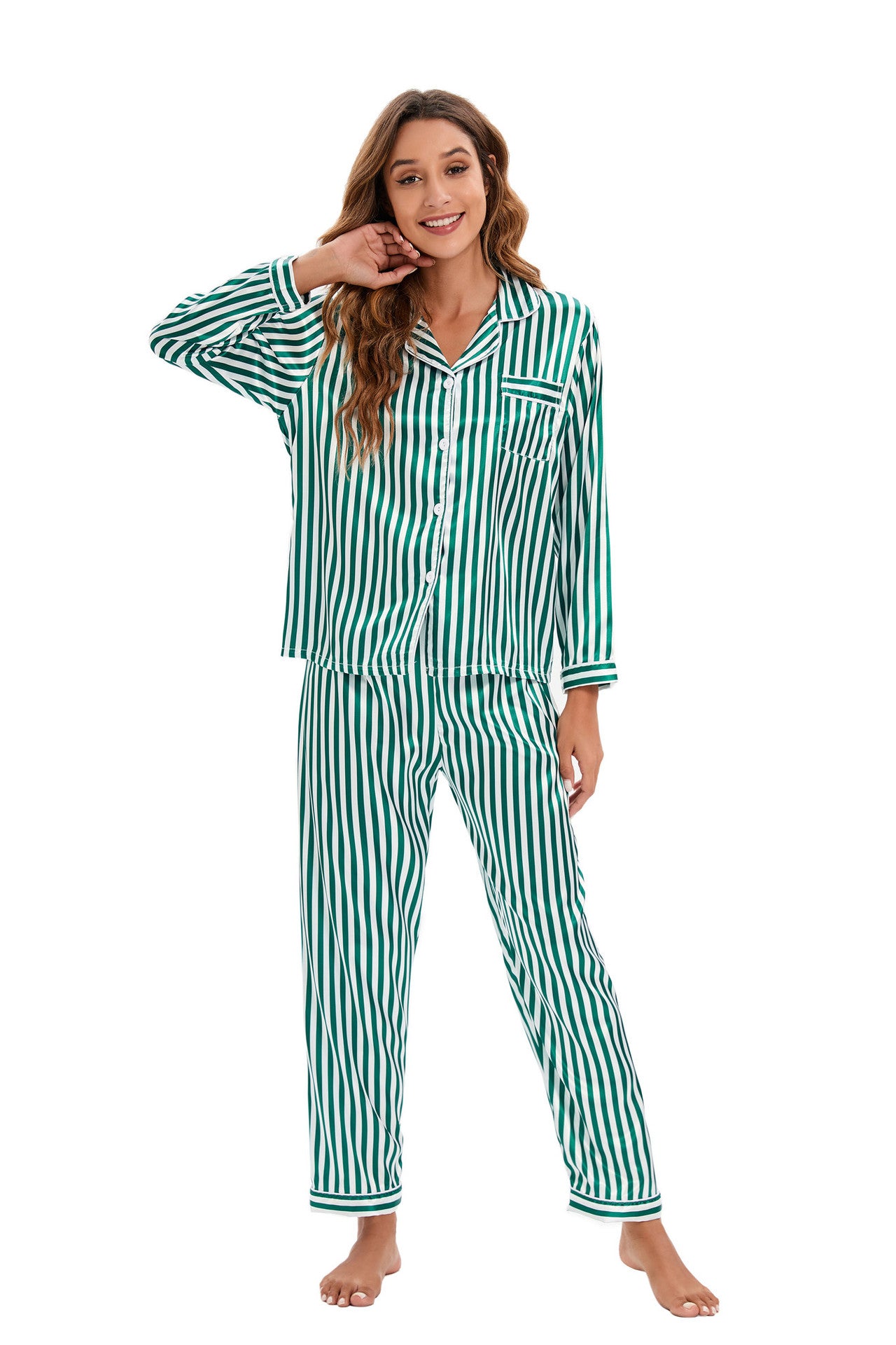 Womens New Arrival Homewear Pajamas Suit Pijamas Sexy Long Sleeve Silk Satin Pajama