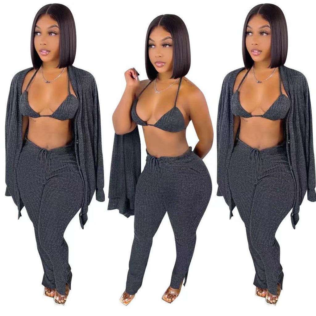 3 Piece Pants Set Winter Outfits for Women Yoga Bra Button Down Shirt and Split Pants Rib Knit Cotton Pant Set Womens Clothing