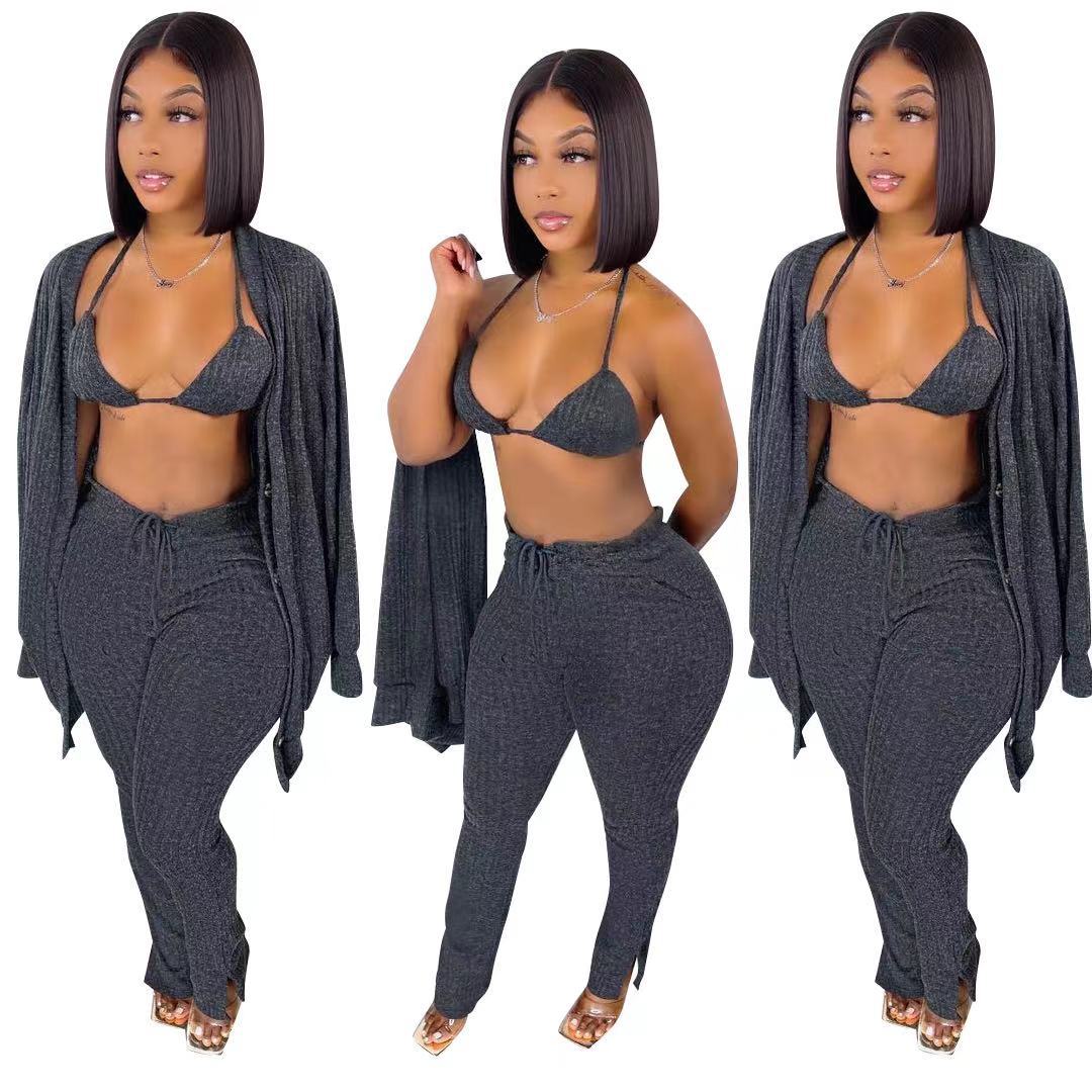 3 Piece Pants Set Winter Outfits for Women Yoga Bra Button Down Shirt and Split Pants Rib Knit Cotton Pant Set Womens Clothing