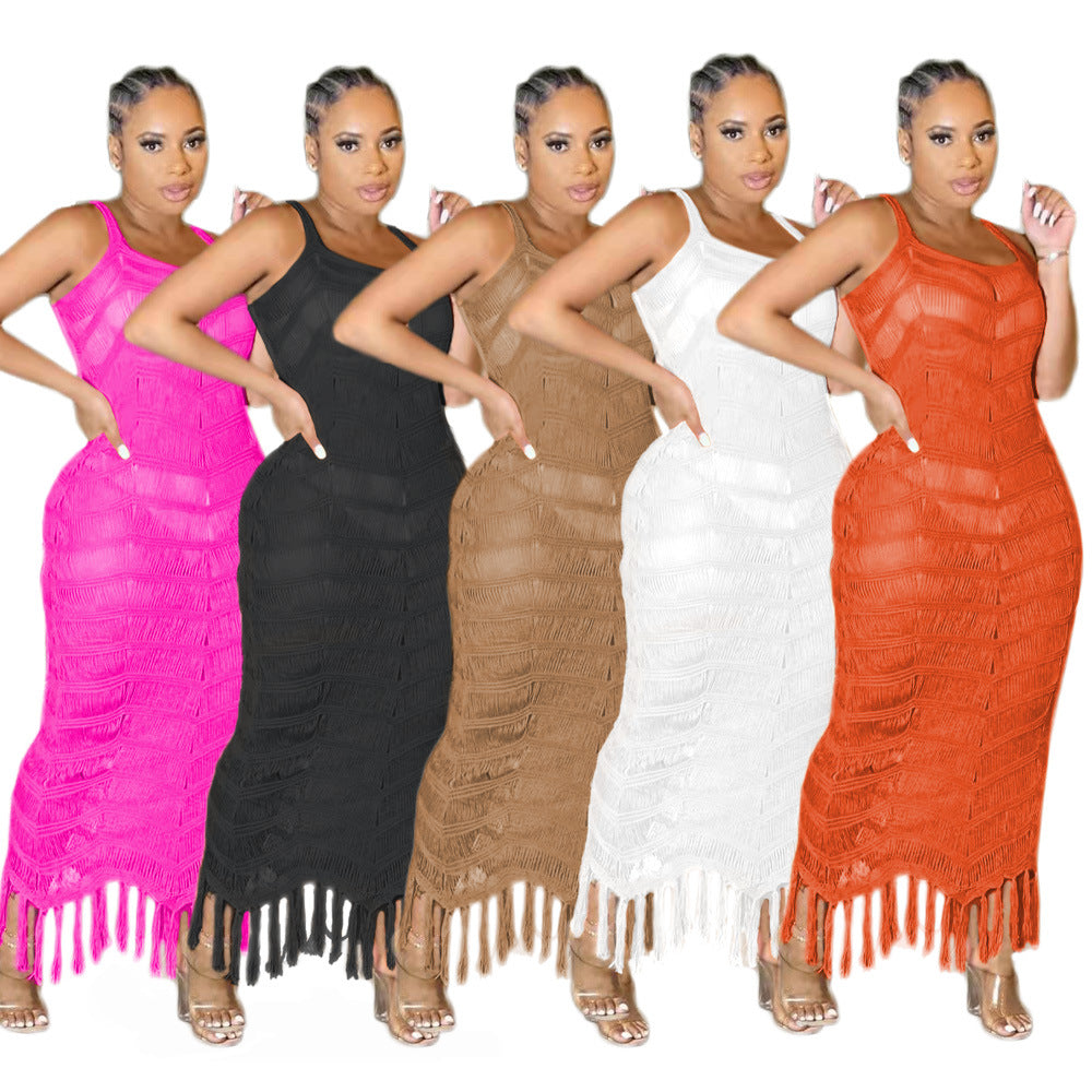 Summer Knitting Dresses Women Clothing Beach Long Tassel Dress Women Dresses