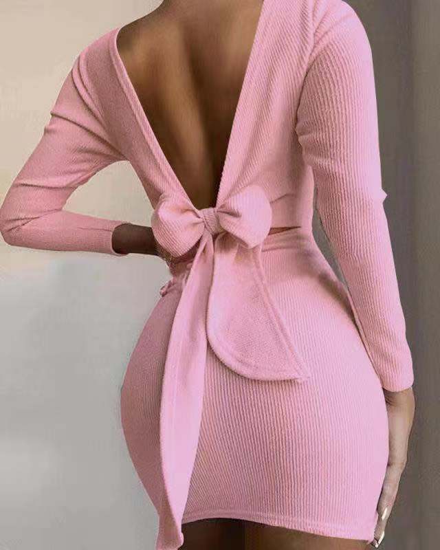 Fall Women Clothes Bow Knot Backless Long Sleeved Mini Dress Womens Dresses Casual Dresses