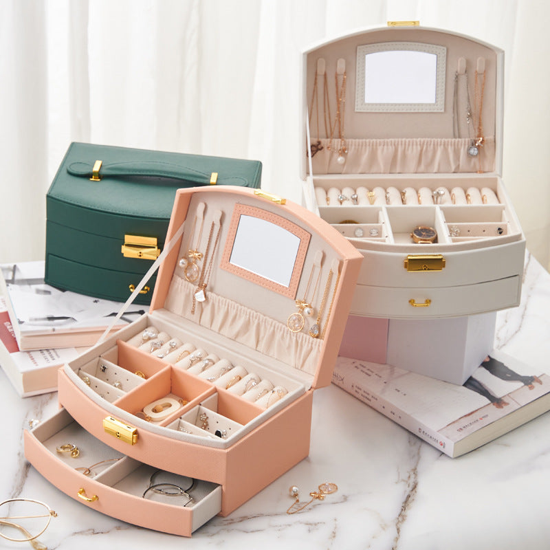 Jewelry Storage Organizer Drawers Box Travel Makeup Cosmetic Boxes Mirror Jewellery Case Porta Joias