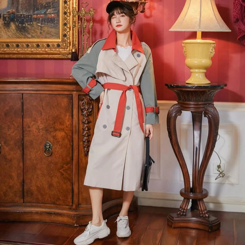 Women Trench Coat Color Matching Bandage Trench Coat for Women Irregular Vintage Casual Long Overcoat Coats 2022 New