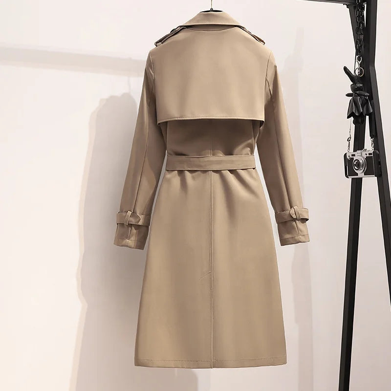 OUDINA Fashion New Sashes Double-Breasted Solid Retro Mid-Length Coat Simple Elegant Trench Coats Casual Women Coat