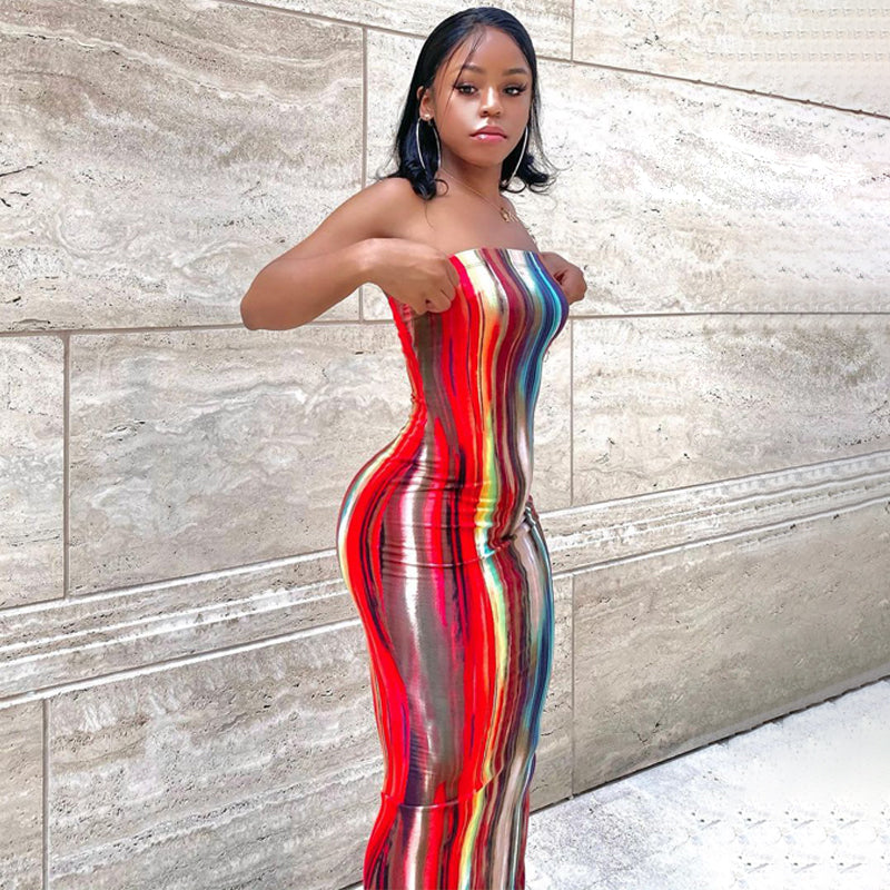 Women Summer Dresses  Casual Strapless Tube Dresses Colorful Strip Maxi Long Dress Women