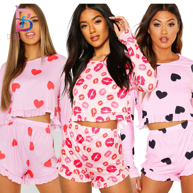 Ibeauty Fancy Cotton Pajama Set Full Sleeves Pajama Short Woman Heart Printed Custom Pajamas for Women