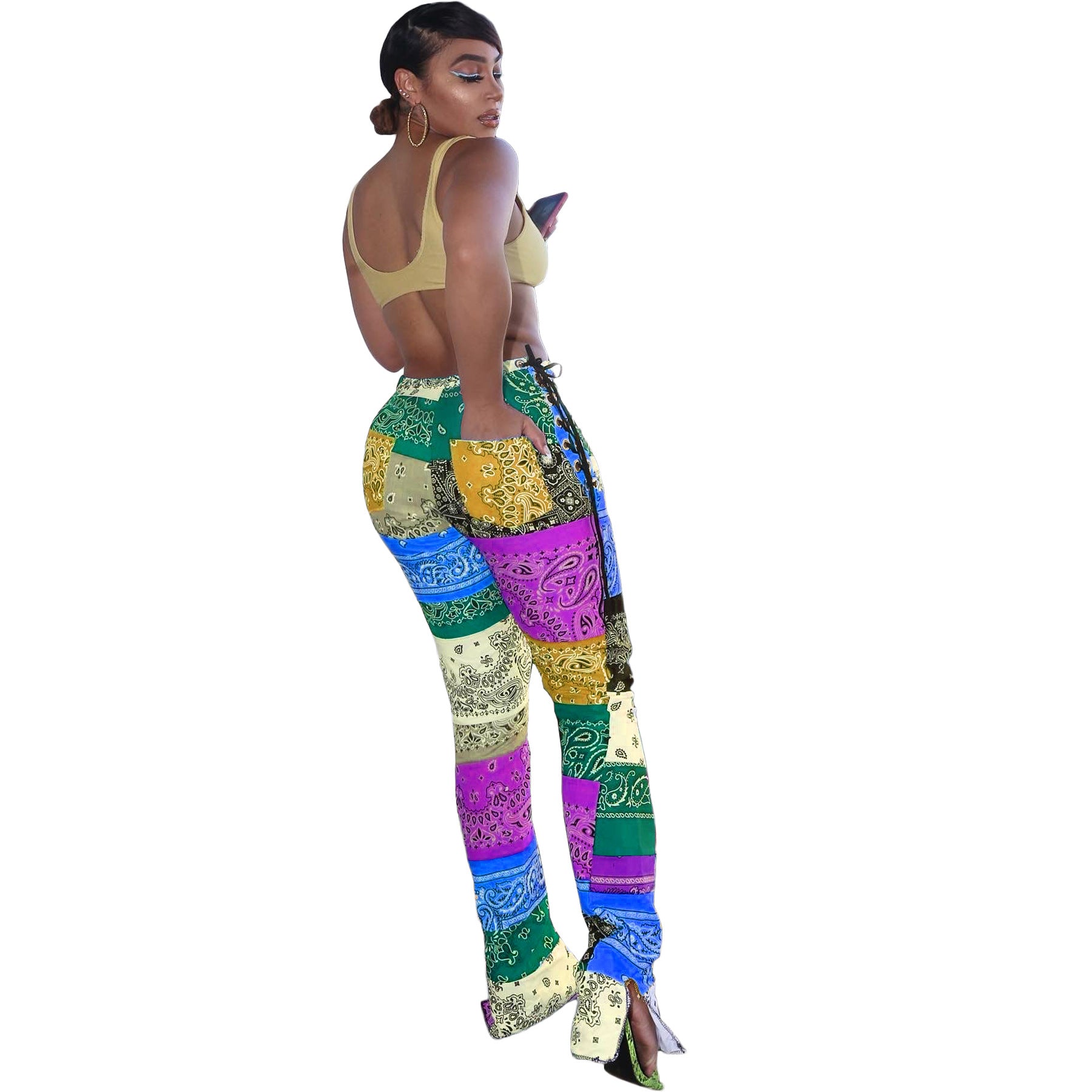 JY39 Women's New Patchwork Slit Printed Clothing Stylish Jogging Pant for Women Casual Pants