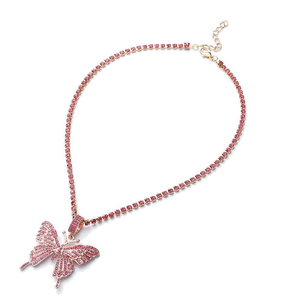 Pink Butterfly Necklace Chain  Jewelry Luxury Female Crystal Neck Pendants Women Rhinestones Jewellery Wholesale