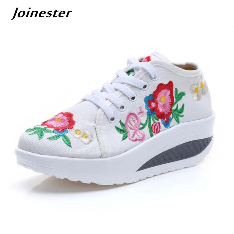 Fashion Floral Embroidery Women Sneakers Lace Up Mid Heel Autumn Shoes for Woman Plus Size Casual Runway Comfort Walking Sneaker