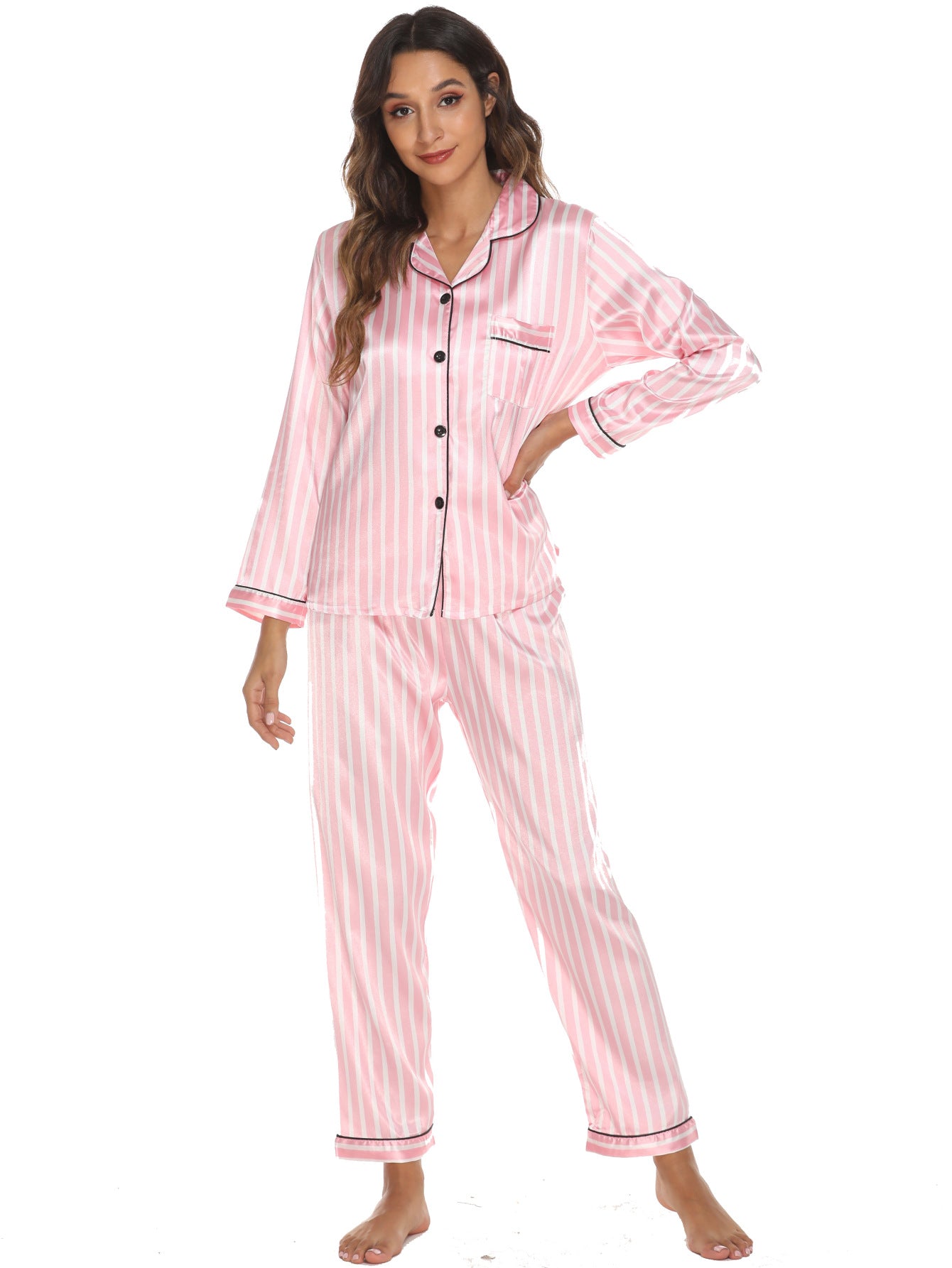 Womens New Arrival Homewear Pajamas Suit Pijamas Sexy Long Sleeve Silk Satin Pajama