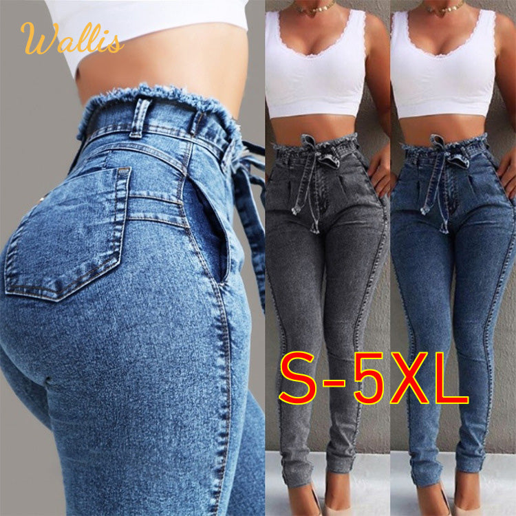 Plus Size Clothing 4XL 5XL Slim Stretch Denim Jean Bodycon Tassel Belt Bandage Skinny Push Up Jeans High Waist Jeans for Women