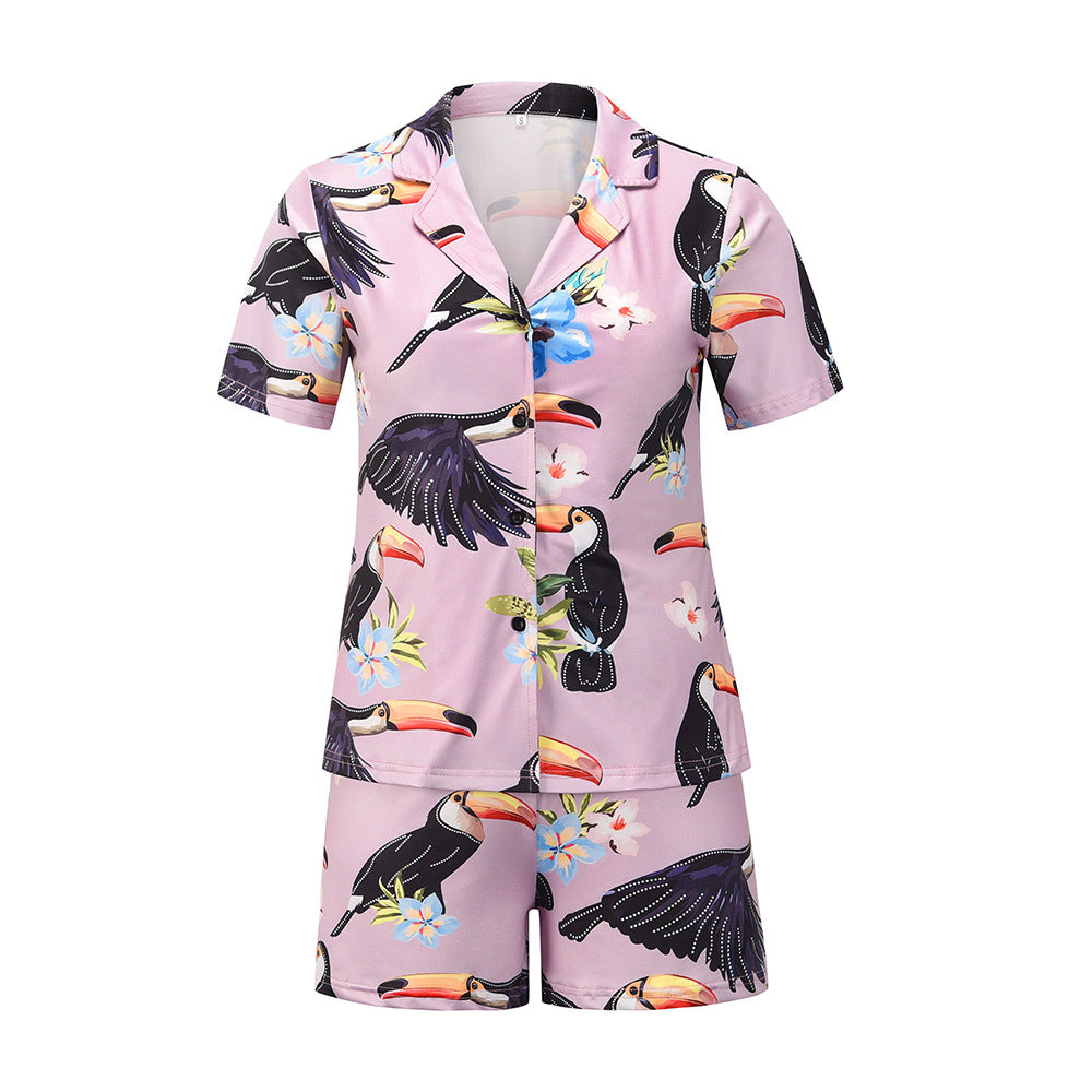 Wholesale Satin Pajamas Summer Print Casual Two Piece Night Pajama Suit Silk Sleep Wear Pajama for Women