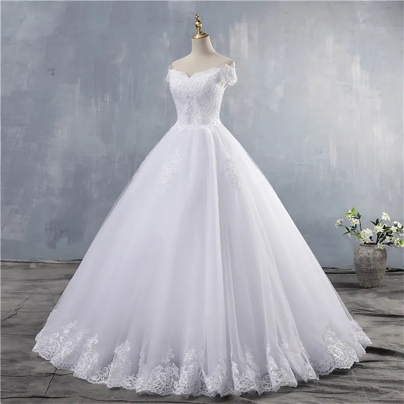 ZJ9143 2023 White Ivory Lace Appliques Ball Gown Cheap Off the Shoulder Short Sleeves Bridal Dress Wedding Dresses - My Store