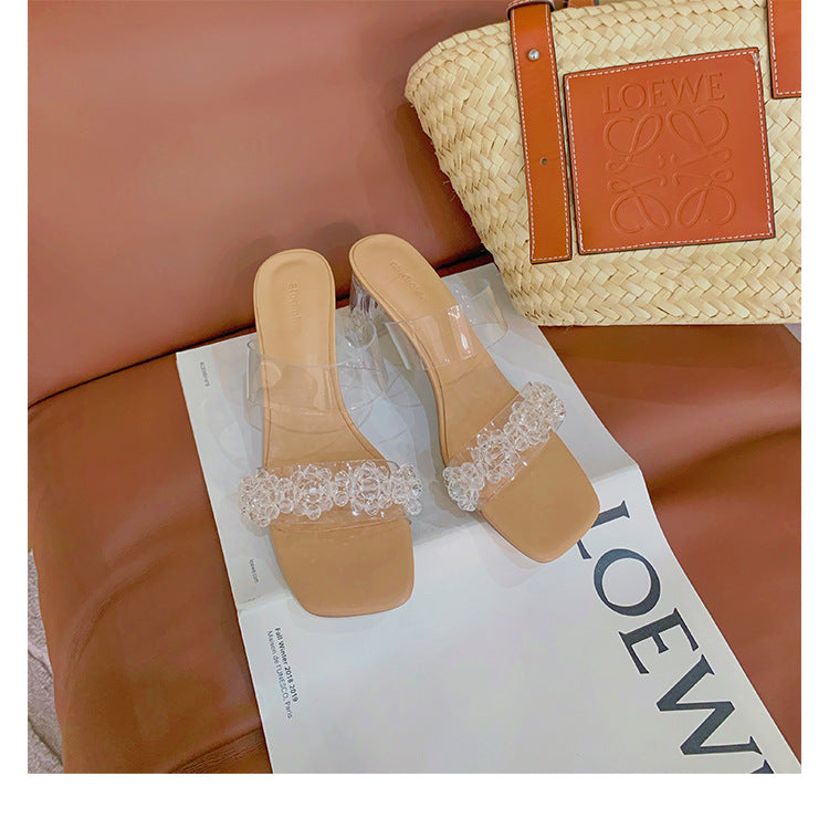 New Summer Sexy Ladies Outside High Heel Sandals Square-Toe Flower Crystal Heel Block Heels Slippers for Women