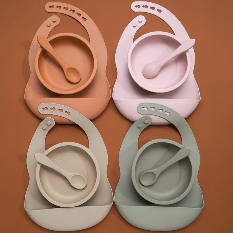 High Quality Silicone Baby Bibs Waterproof Silicone Round Bowl Easily Clean Healthy Soft Feeding Silicone Spoon for Babies