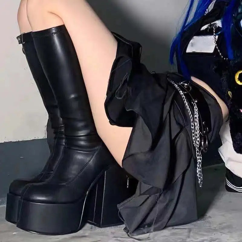 High Heels Chunky Platform Black Big Size 43 Winter Boots Knee High Boot Zipper Matrin Boot Party Shoes