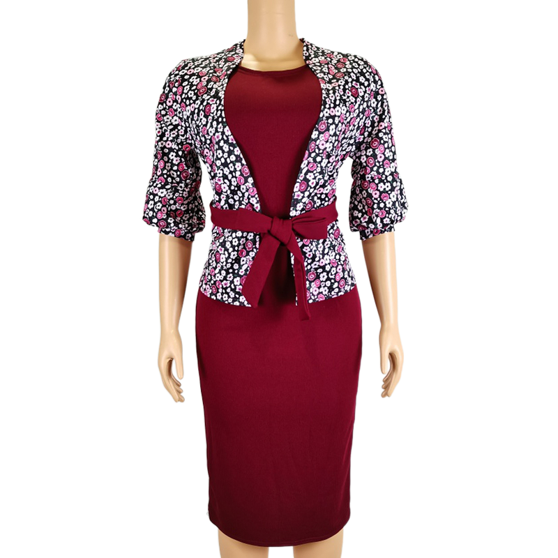 Ladies Jacket Bodycon Dress Two Piece Dresses Women Lady Elegant Flowers Long Sleeves Office Dresses