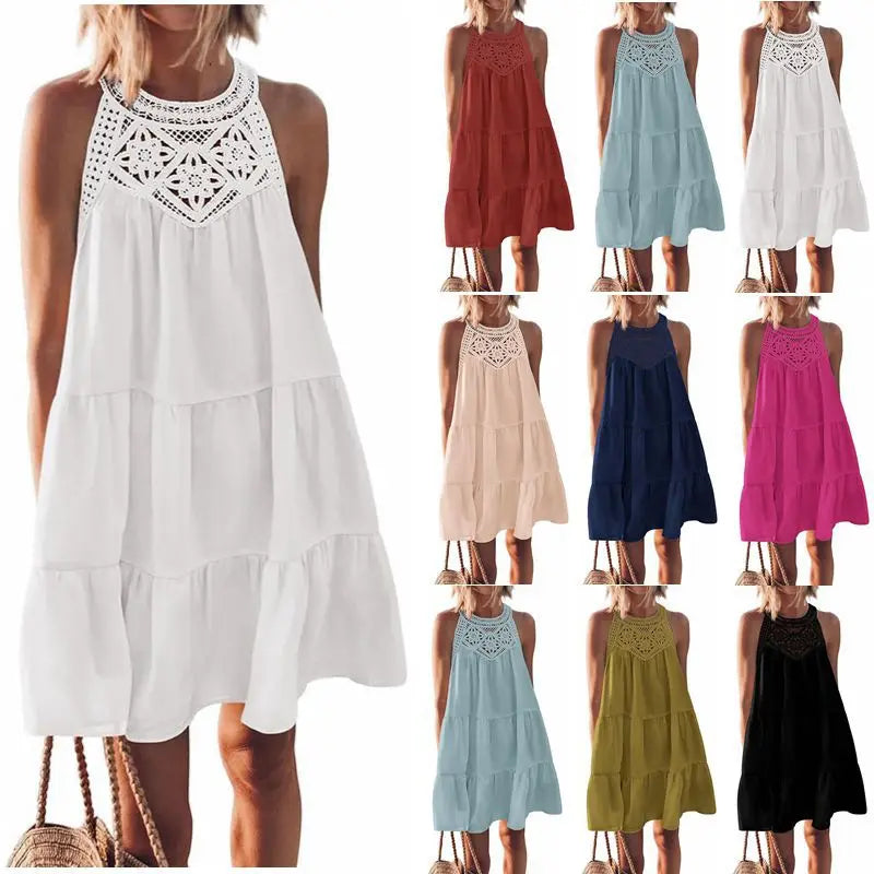 Custom Logo Women's Dresses Hollow Lace Stitching Halter Neck A-Word Dress Casual Dresses