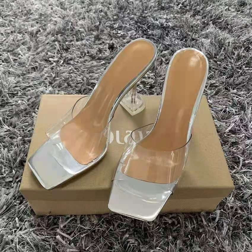 Summer Chaussures Femme New Pumps Crystal Womens Shoes Square Toe Slipper Women Casual Shoes High Heel Slippers