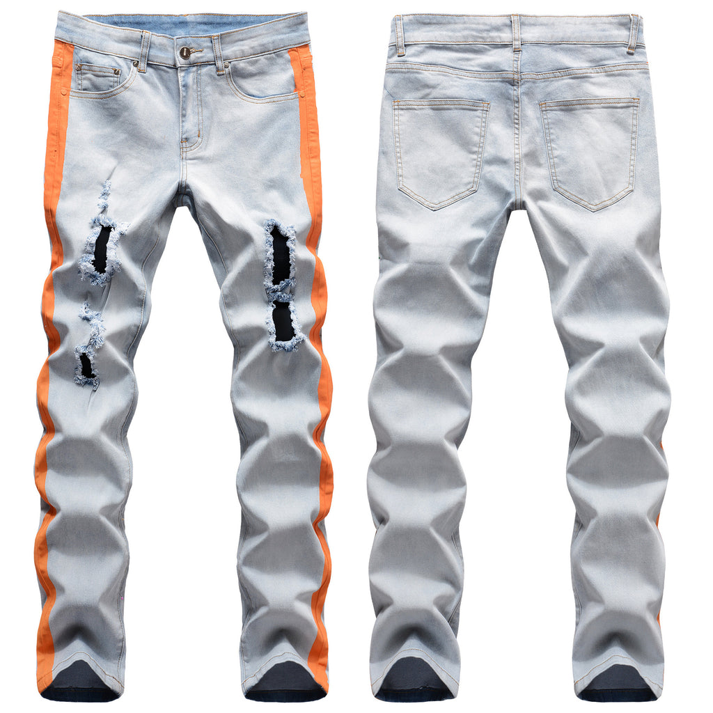 Fashion Skinny Ripped Printed Man Denim Pant Jean  Slim Fit Straight Mens Pants Jeans