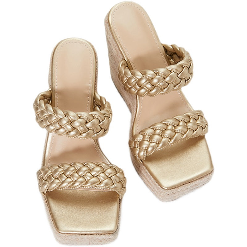 Latest Women's High-Heeled Woven Slippers Breathable Flat Sandals for Summer Height Increasing and Anti-Slippery Features